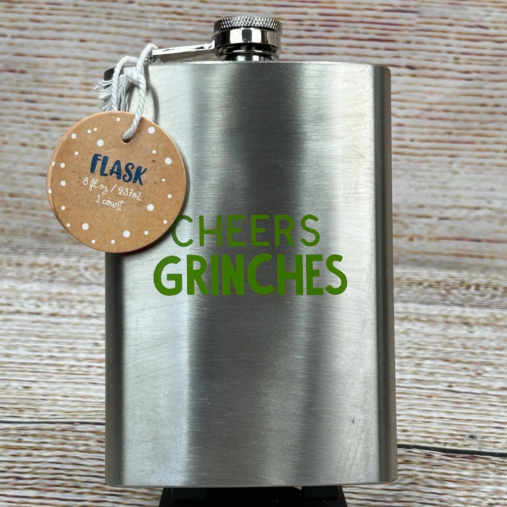 Made For Retail Cheers Grinches Stainless Steel 8oz Hip Flask Silver Green NEW‎